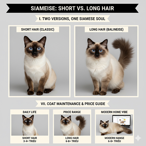 Bảng so sánh mèo Xiêm lông ngắn và lông dài, minh họa sự khác biệt về ngoại hình, giá bán và cách chăm sóc giữa hai phiên bản