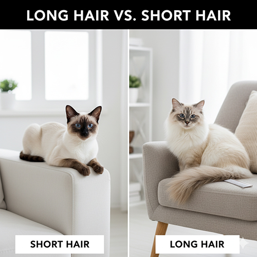 So sánh mèo Xiêm lông ngắn và lông dài nằm trên ghế, thể hiện sự khác biệt về độ dài và độ mượt của lông