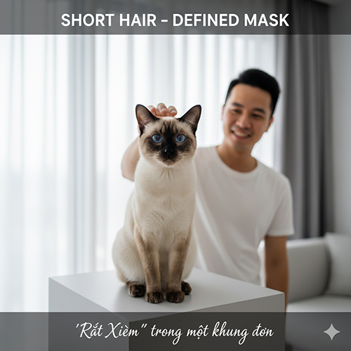 Mèo Xiêm lông ngắn với mask rõ nét, lông mịn và dáng ngồi gọn gàng trong không gian sáng hiện đại.