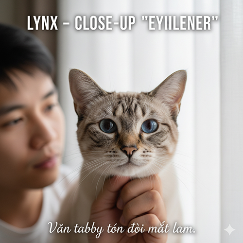 Cận cảnh mèo Xiêm lynx point với họa tiết tabby quanh mắt, ánh mắt lam sâu và ánh sáng dịu từ cửa sổ.