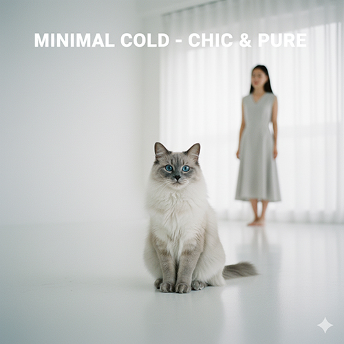 Mèo Xiêm lông sáng tông blue/lilac ngồi thẳng trong không gian trắng xám tối giản, ánh sáng tự nhiên tinh khiết.