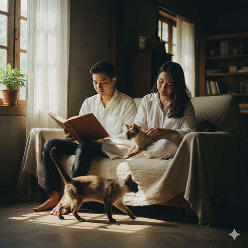 Cặp đôi đọc sách bên mèo Xiêm trong căn phòng ánh sáng xiên, bảng màu trung tính và hiệu ứng hạt film nhẹ.