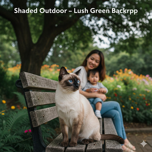 Mèo Xiêm màu flame point ngồi trên ghế gỗ công viên dưới tán cây, ánh sáng giờ vàng tạo cảm giác ấm áp và yên bình.