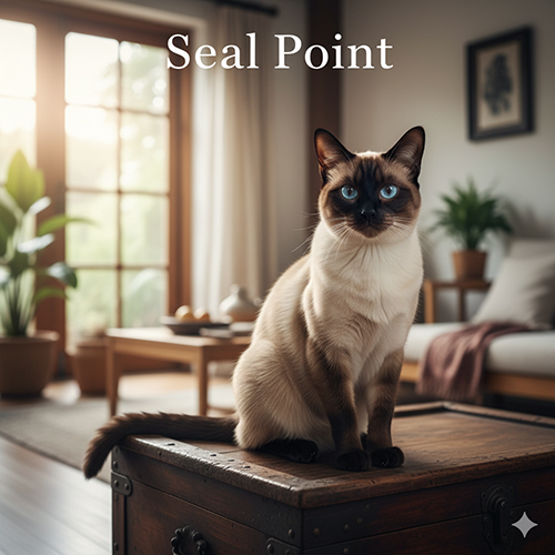 Mèo Xiêm Seal Point với mặt nạ nâu đậm, tai và đuôi sẫm màu, thân kem ấm – đặc trưng nổi bật nhất của giống Xiêm