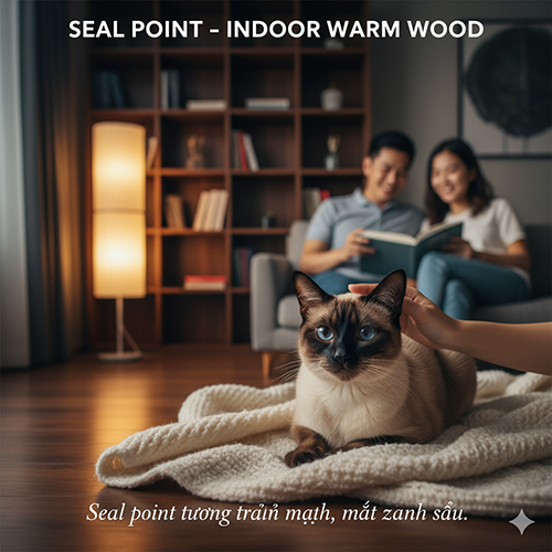 Mèo Xiêm màu seal point với mắt xanh sâu nằm trên chăn len trong phòng gỗ ấm, phía sau là cặp đôi đọc sách.