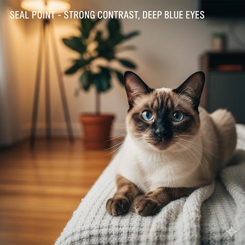 Mèo Xiêm màu seal point với mặt nạ nâu đậm, mắt xanh sâu và ánh sáng vàng ấm trong không gian gỗ tự nhiên.