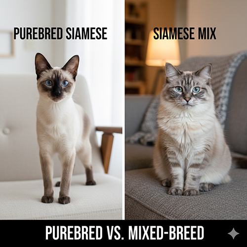 So sánh mèo Xiêm thuần chủng và mèo Xiêm lai, thể hiện sự khác biệt về dáng người, mắt và màu lông