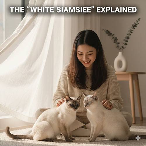 Cô gái trẻ ngồi bên cửa sổ sáng nhẹ, vuốt ve hai chú mèo Xiêm thân sáng với point đậm rõ ràng