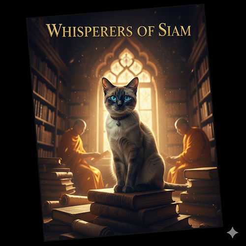 Mèo Xiêm ngồi trên chồng sách trong thư viện cổ, phía sau là các nhà sư đang đọc kinh