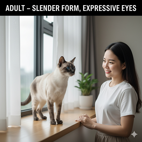 Mèo Xiêm trưởng thành với dáng thanh mảnh, lông tương phản rõ và ánh mắt xanh sâu phản chiếu ánh sáng cửa sổ.