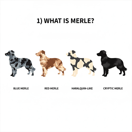 Minh họa các kiểu hoa văn chó merle gồm blue merle, red merle, harlequin-like và cryptic merle