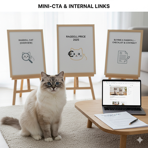 Mini-CTA và liên kết nội bộ cho bài dinh dưỡng mèo Ragdoll, gợi ý đọc thêm các bài giá, checklist mua và chăm mèo con