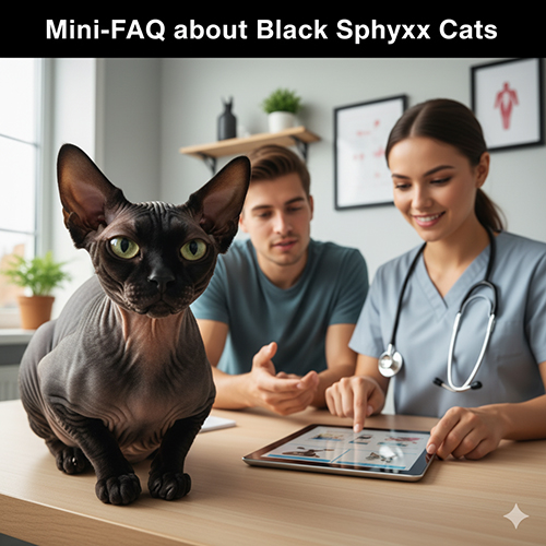 Mèo Sphynx đen đứng trên bàn trong phòng khám thú y, phía sau là bác sĩ và chủ đang trao đổi qua tablet