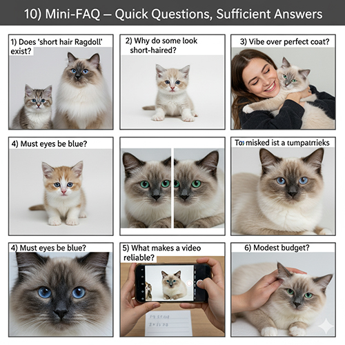 Bộ ảnh mini-FAQ giải đáp nhanh về mèo Ragdoll “lông ngắn”: tồn tại hay không, lý do coat ngắn, mắt xanh, video đáng tin và ngân sách.
