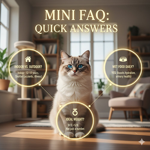 Mèo Ragdoll ngồi giữa phòng, xung quanh là các biểu tượng hỏi – đáp nhanh về tuổi thọ, bữa ướt và cân nặng.