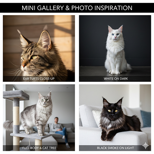 Bộ ảnh cảm hứng gồm bốn khung: close-up tai lynx tips, Maine Coon trắng trên nền tối, full body cạnh cây mèo, và Maine Coon đen smoke trên sofa sáng.
