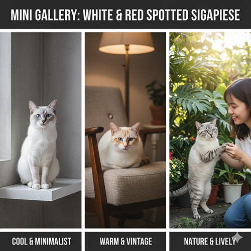 Ba khung ảnh mèo Xiêm trong không gian khác nhau: mèo thân trắng trên bệ cửa sổ sáng, mèo đỏ Flame point trên ghế gỗ, và mèo Lynx ngoài vườn cây xanh