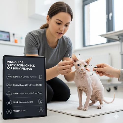 Hai người đang kiểm tra tai và da cho mèo không lông, kèm bảng mini-guide xem form nhanh.