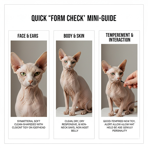 Ba hình mèo Sphynx thể hiện mặt tai da và tương tác để kiểm tra form nhanh