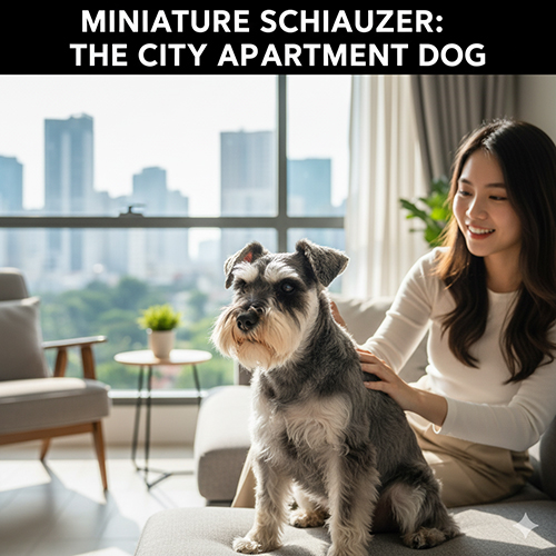 Cô gái vuốt ve chó Miniature Schnauzer trên ghế sofa trong căn hộ thành phố với khung cảnh đô thị phía sau cửa sổ.