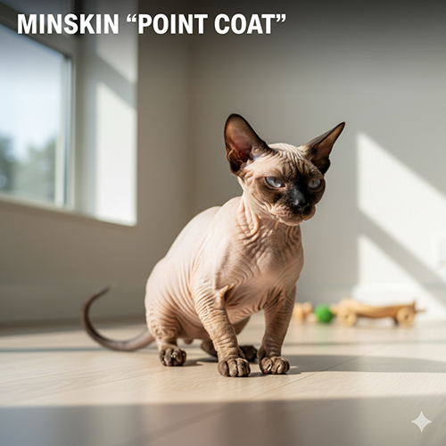 Mèo Minskin chân ngắn với bộ lông point coat bụng trọc trong ánh nắng dịu