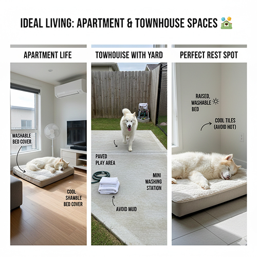 Không gian sống lý tưởng cho chó Alaska trắng trong căn hộ và nhà phố với góc nghỉ mát, sạch