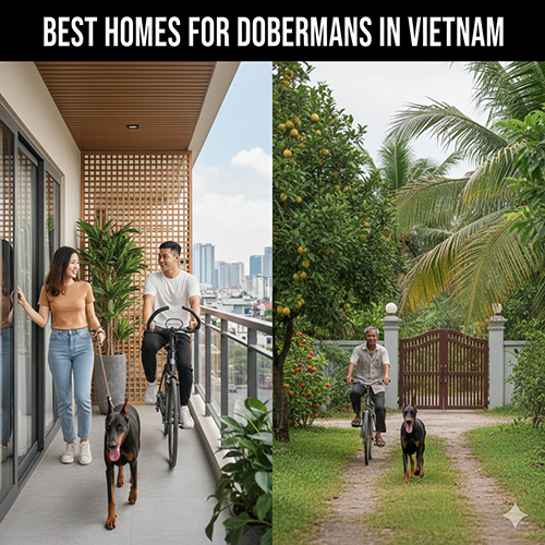 Doberman đi dạo cùng chủ ở ban công chung cư và đường vườn ngoại thành, minh họa môi trường sống phù hợp tại Việt Nam