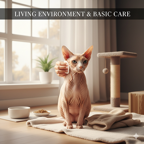 Mèo Sphynx ngồi trên khăn trong phòng sáng, bên cạnh đồ ăn và trụ cào