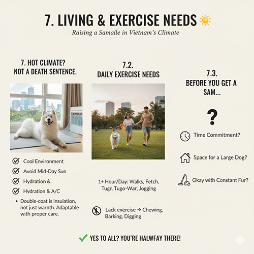 Samoyed trong phòng mát và Samoyed chạy bộ cùng chủ trong công viên