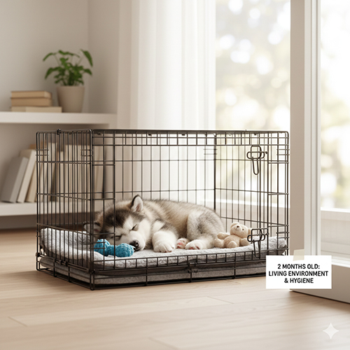 Chó Alaska 2 tháng tuổi ngủ trong chuồng riêng, môi trường sống sạch sẽ và an toàn