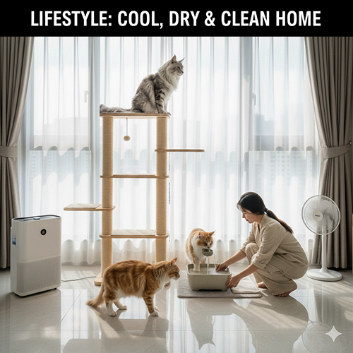 Không gian sống mát – khô – sạch với nhiều mèo Mỹ lông dài, gồm cây mèo, máy lọc không khí và quạt, minh họa môi trường lý tưởng trong căn hộ Việt