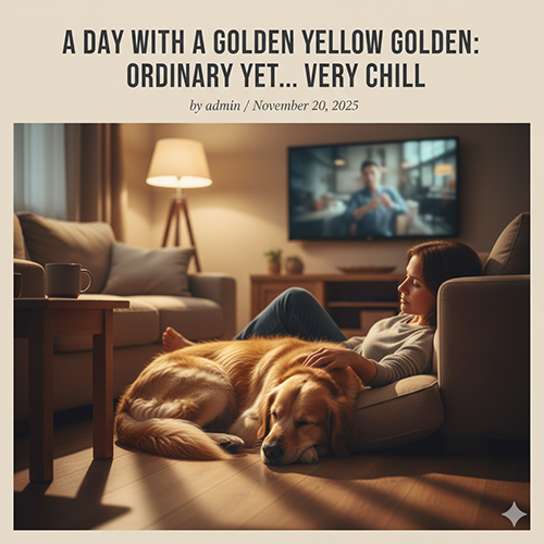 Cô gái nằm thư giãn trên sofa, chó Golden Retriever vàng nằm ngủ cạnh chân trong phòng khách ấm áp buổi tối