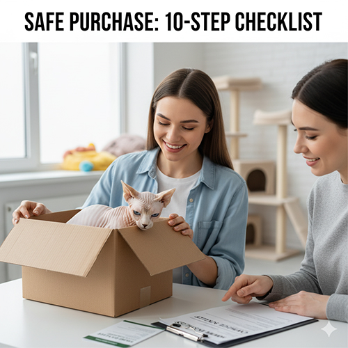 Mèo Không lông Sphynx trong hộp carton khi bàn giao, minh họa checklist mua an toàn
