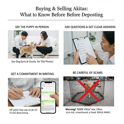 Infographic mua bán chó Akita với 4 bước cần biết trước khi đặt cọc và cảnh báo lừa đảo giá rẻ