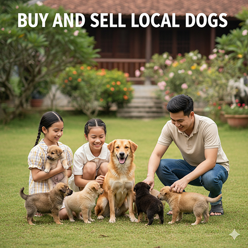 Gia đình Việt đang chơi với đàn chó cỏ con trong sân vườn, tượng trưng cho việc mua bán chó cỏ an toàn và gần gũi.