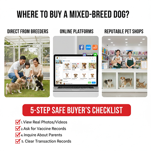 Minh họa các kênh mua chó lai uy tín như người nuôi trực tiếp, nền tảng online và shop thú cưng kèm checklist an toàn