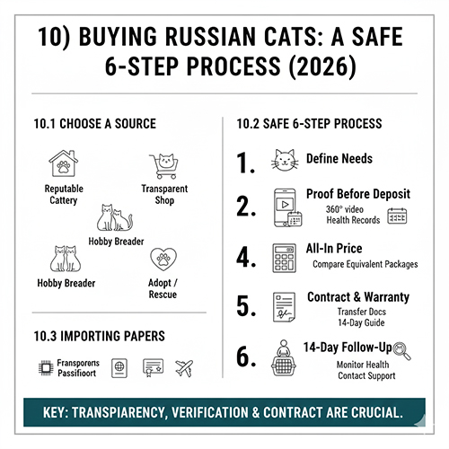 Quy trình mua bán mèo Nga an toàn 6 bước gồm chọn nguồn, kiểm chứng, giá trọn gói và giấy tờ vận chuyển