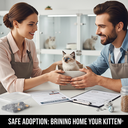 Cặp đôi nhận mèo Xiêm con từ nhân viên tư vấn trong phòng khám thú y, thể hiện quy trình mua bán minh bạch và an toàn