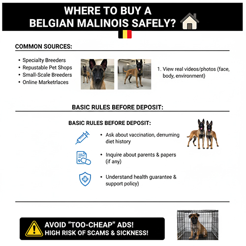 Infographic hướng dẫn mua chó Béc Bỉ Malinois an toàn, tránh tin rao giá rẻ bất thường