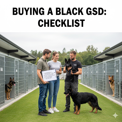 Ảnh ba người đứng trong trại chó xem và bế chó Becgie đen con để chọn mua