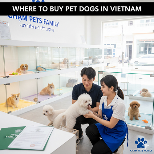 Nhân viên Chạm Pets Family tư vấn khách hàng chọn mua chó cảnh Bichon trong cửa hàng hiện đại sạch đẹp