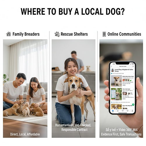 Ba lựa chọn mua chó cỏ: từ gia đình nuôi sinh tự nhiên, trung tâm cứu hộ và cộng đồng trực tuyến – minh họa quy trình chọn kênh an toàn.