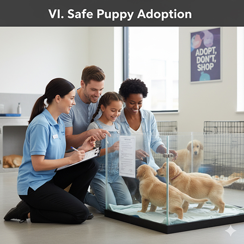 Gia đình đang trò chuyện với nhân viên trung tâm nhận nuôi, nhìn những chú chó con Golden Retriever trong chuồng kính – minh họa quy trình chọn và nhận nuôi an toàn.