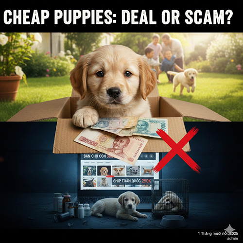 Hình minh họa cảnh báo mua chó con giá rẻ dễ gặp lừa đảo và rủi ro sức khỏe
