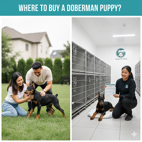 Hai người chơi với Doberman con ngoài sân và nhân viên trại chó giới thiệu Doberman con cùng sổ tiêm