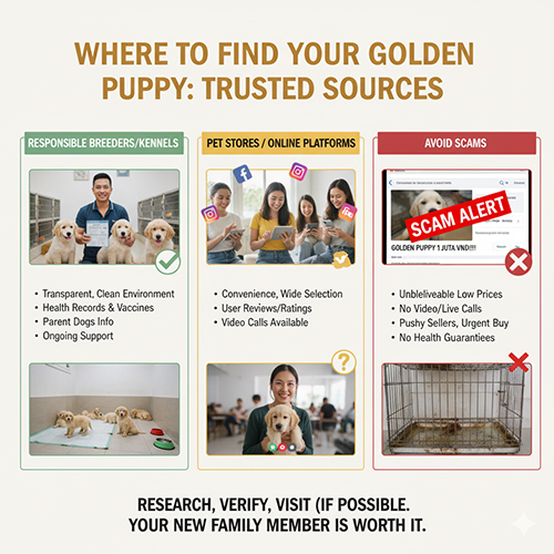 Infographic nơi mua chó Golden con uy tín với cột trại nhân giống có trách nhiệm, cửa hàng thú cưng kênh online và khu vực cảnh báo tránh lừa đảo