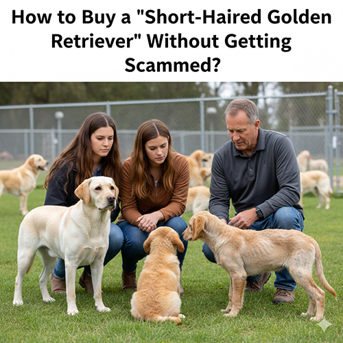 Người bán và người mua đang xem xét hai chú chó con lông vàng trên sân cỏ, minh họa cảnh kiểm tra “chó Golden lông ngắn” cẩn thận trước khi quyết định mua