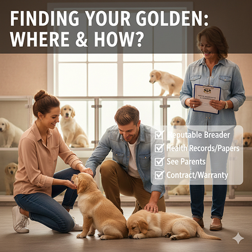 Ảnh cặp đôi đang chọn chó Golden con trong cửa hàng/trại giống uy tín, kèm checklist các tiêu chí: người bán uy tín, giấy tờ – sổ tiêm, xem bố mẹ, hợp đồng – bảo hành.