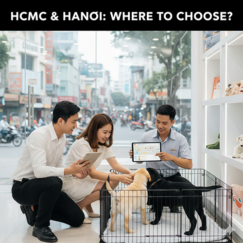 Cặp đôi trẻ xem đàn chó Labrador con trong shop thú cưng tại trung tâm thành phố, nhân viên tư vấn bằng máy tính bảng