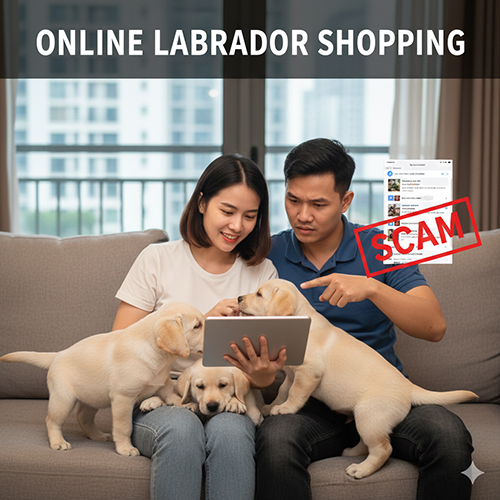 Cặp đôi trẻ ngồi trên sofa, ôm đàn chó Labrador con và xem tin rao trên máy tính bảng, phía sau hiện dòng chữ SCAM cảnh báo lừa đảo online
